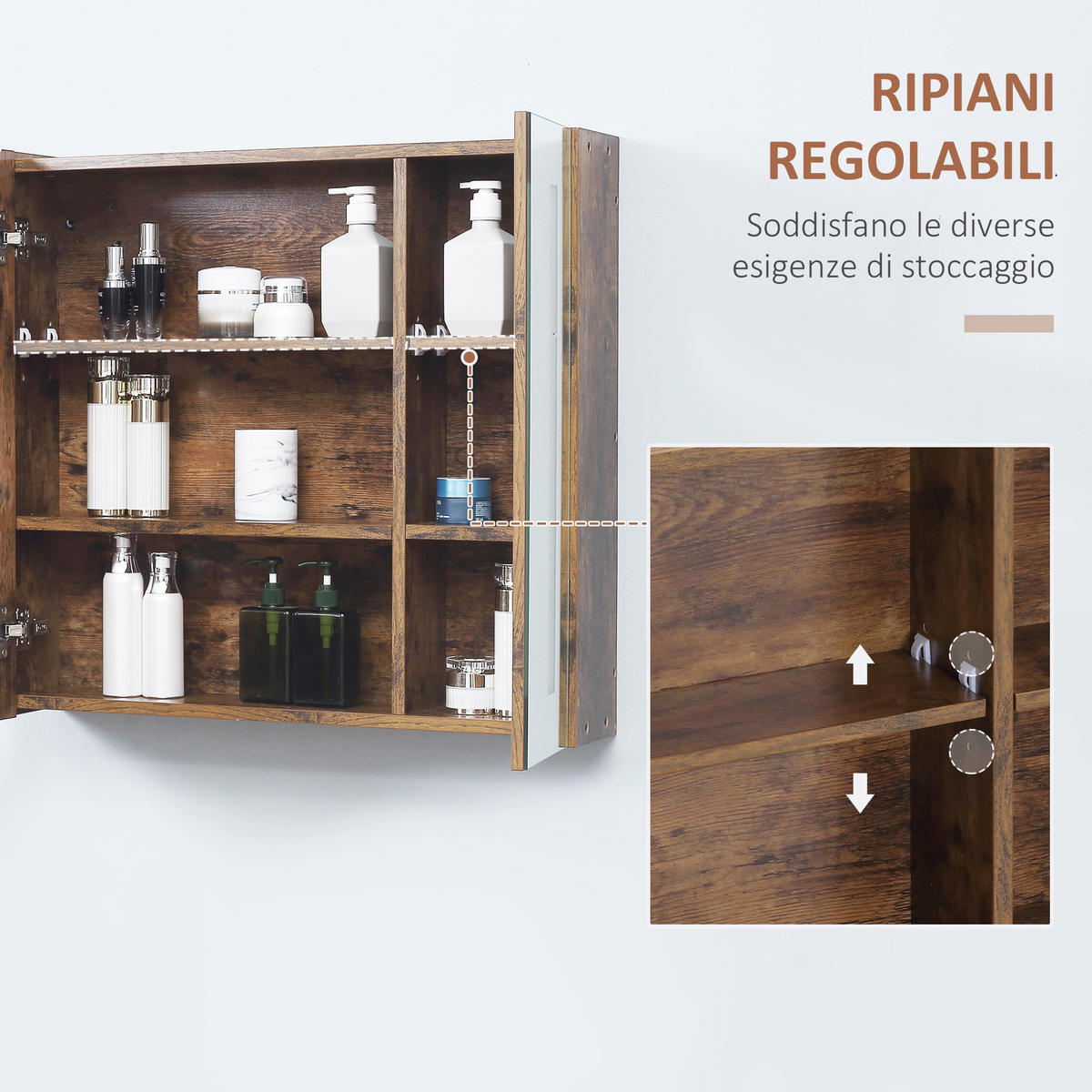 SPIEGELSCHRANK mit verstellbarer LED-Beleuchtung, 70 x 15 x 65 cm ,Braun - Braun, Glas (70/65/15cm) - Vallsero