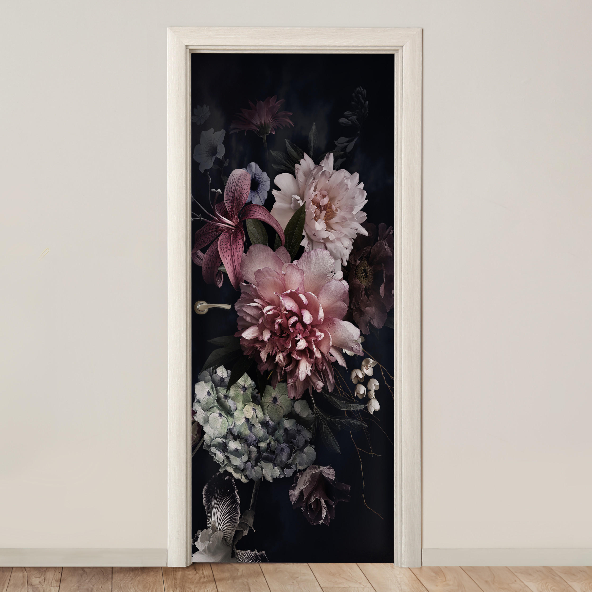 TÜRAUFKLEBER Selbstklebend - Blumen - Vintage - Pastell - Rosa - Weiß 95x215 cm - Türtapete - Altrosa, Kunststoff (95/0.1cm) - MuchoWow