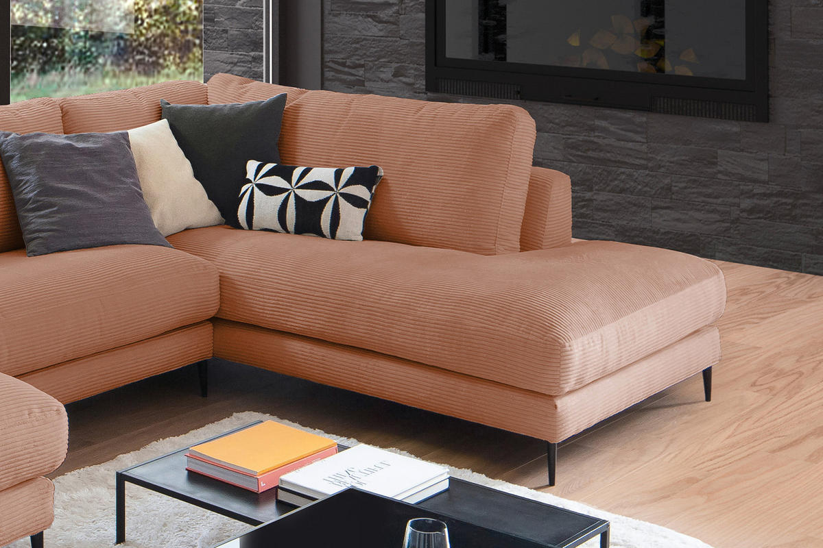 WOHNLANDSCHAFT CARA Braun Cord - Dunkelbraun/Schwarz, Textil (341/84/223cm) - KAWOLA