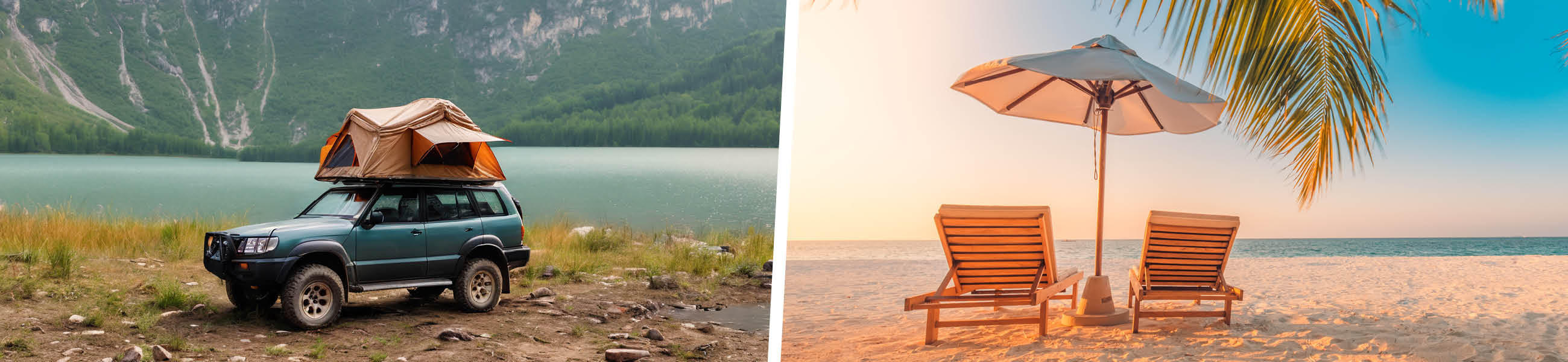 Ein Auto und ein Strand mit Zelt und Sonnenschirm, repräsentieren Optionen für Pauschal- oder Individualreisen.