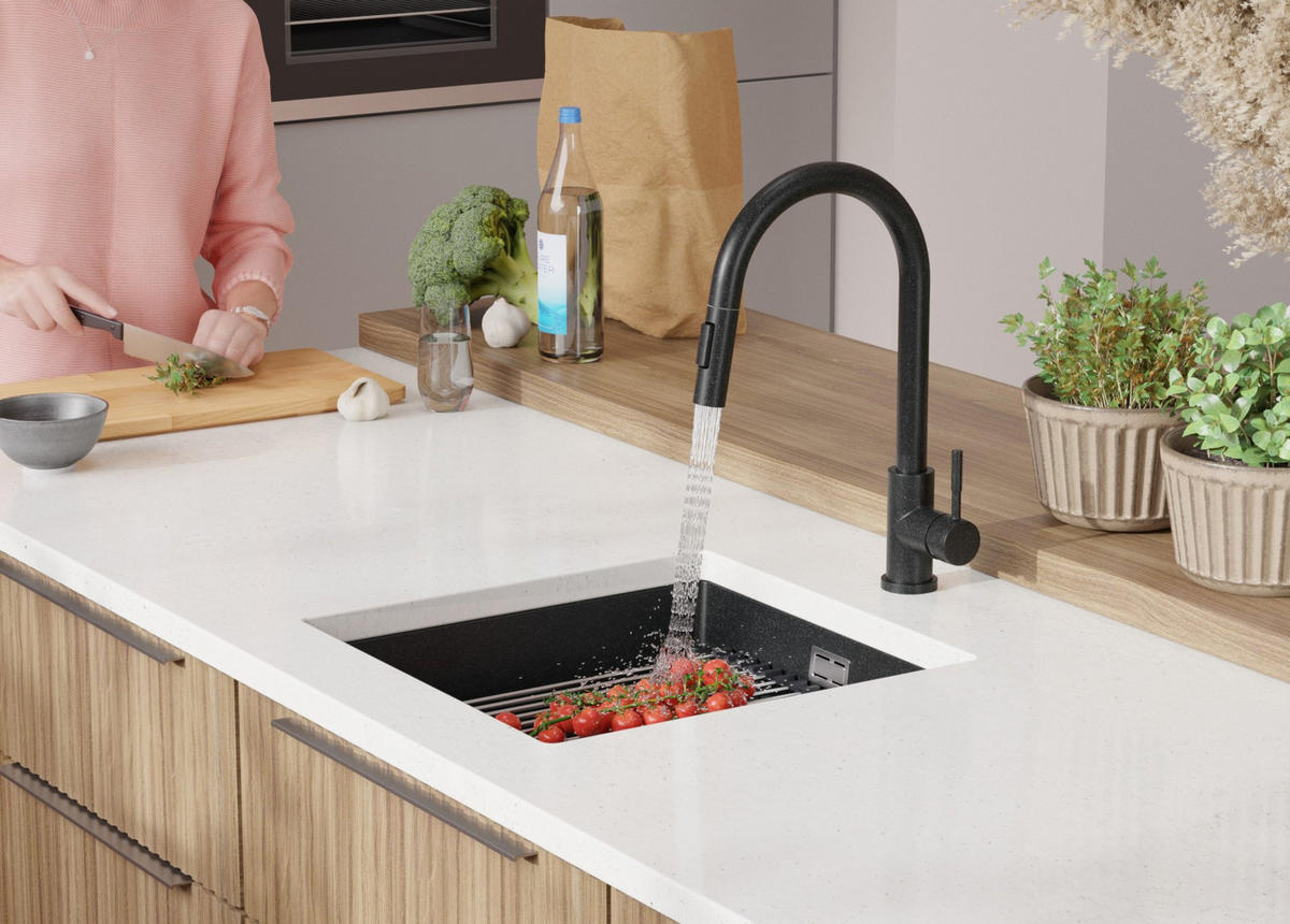 UNTERBAUSPÜLE GRANIT Praga, 2-er set Anthrazit 46/47 cm 1 Becken + Ablauf-Set + Aufrollbare Abtropffläche ab 50er Unterschrank - Chromfarben/Anthrazit, Kunststoff (46/20/47cm) - Primagran