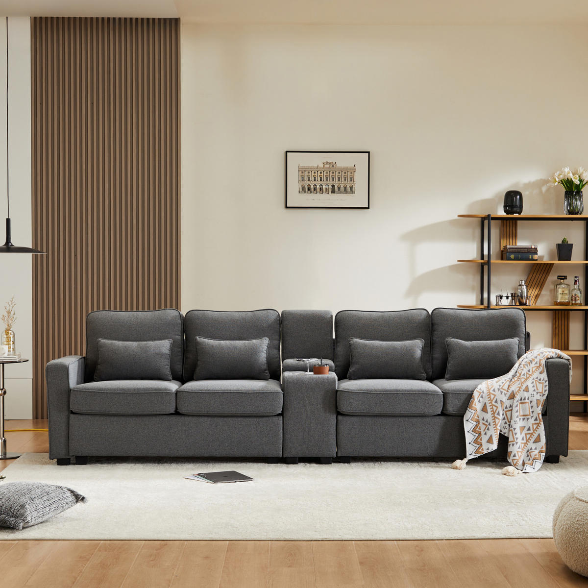 4-SITZER Sofa 290/83/88 cm Dunkelgrau aus Leinen mit USB-Anschluss und Getränkehaltern - Dunkelgrau, Textil (83/88/290cm) - OKMYHOME