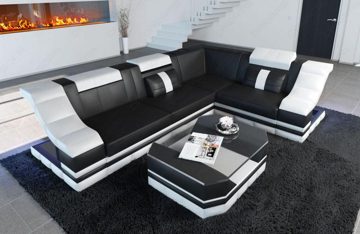 COUCH Bianchi Schwarz Weiß Büffelleder - Schwarz, Leder (271/196cm)