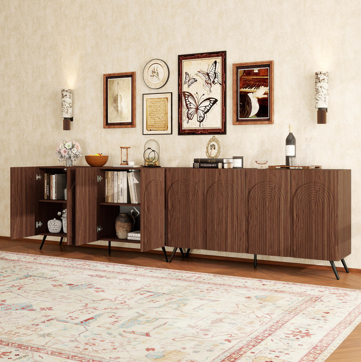 SIDEBOARD aus Holzwerkstoff 150x38x83 cm Walnussbraun mit verstellbaren Einlegeböden und 3D-Rillentüren im Mid-Century-Stil - Walnussfarben, Holzwerkstoff (150/83/38cm) - Modfu