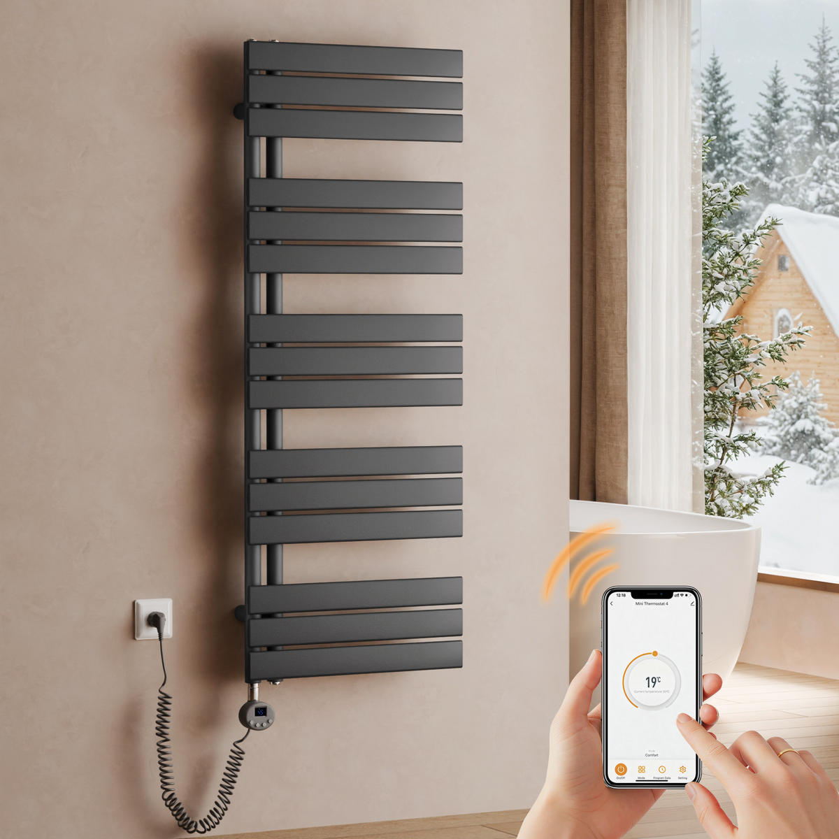 HANDTUCHHEIZKÖRPER 132/50 cm anthrazit elektrisch 800 W mit WLAN-Thermostat - Anthrazit, Metall (50/132/5.9cm) - S'AFIELINA