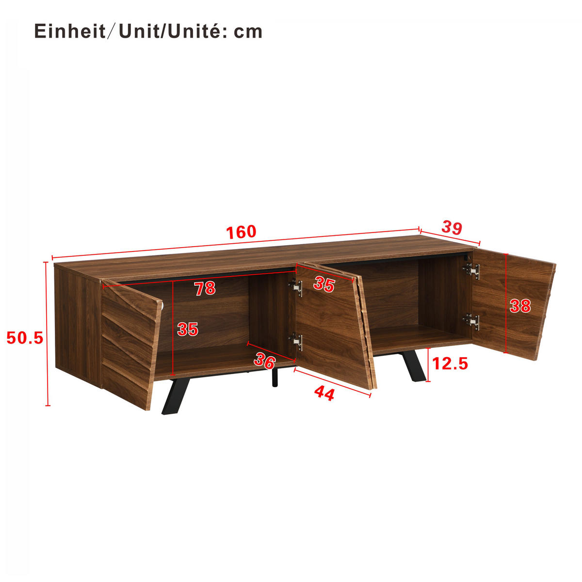 LOWBOARD 160/39/50,5 cm aus MDF mit Wellenfront und Kabelmanagement Walnussfarben - Walnussfarben, Holzwerkstoff (160/50.5/39cm) - Modenvie