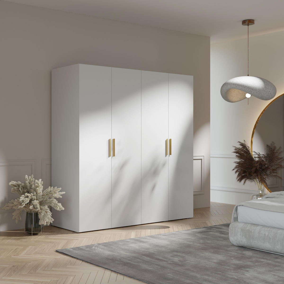 DREHTÜRENSCHRANK Napoli 4D 200 Weiß (schwarzer oder goldener Griff) - Silberfarben/Schwarz, Holzwerkstoff/Kunststoff (200/35/60cm) - mzm24