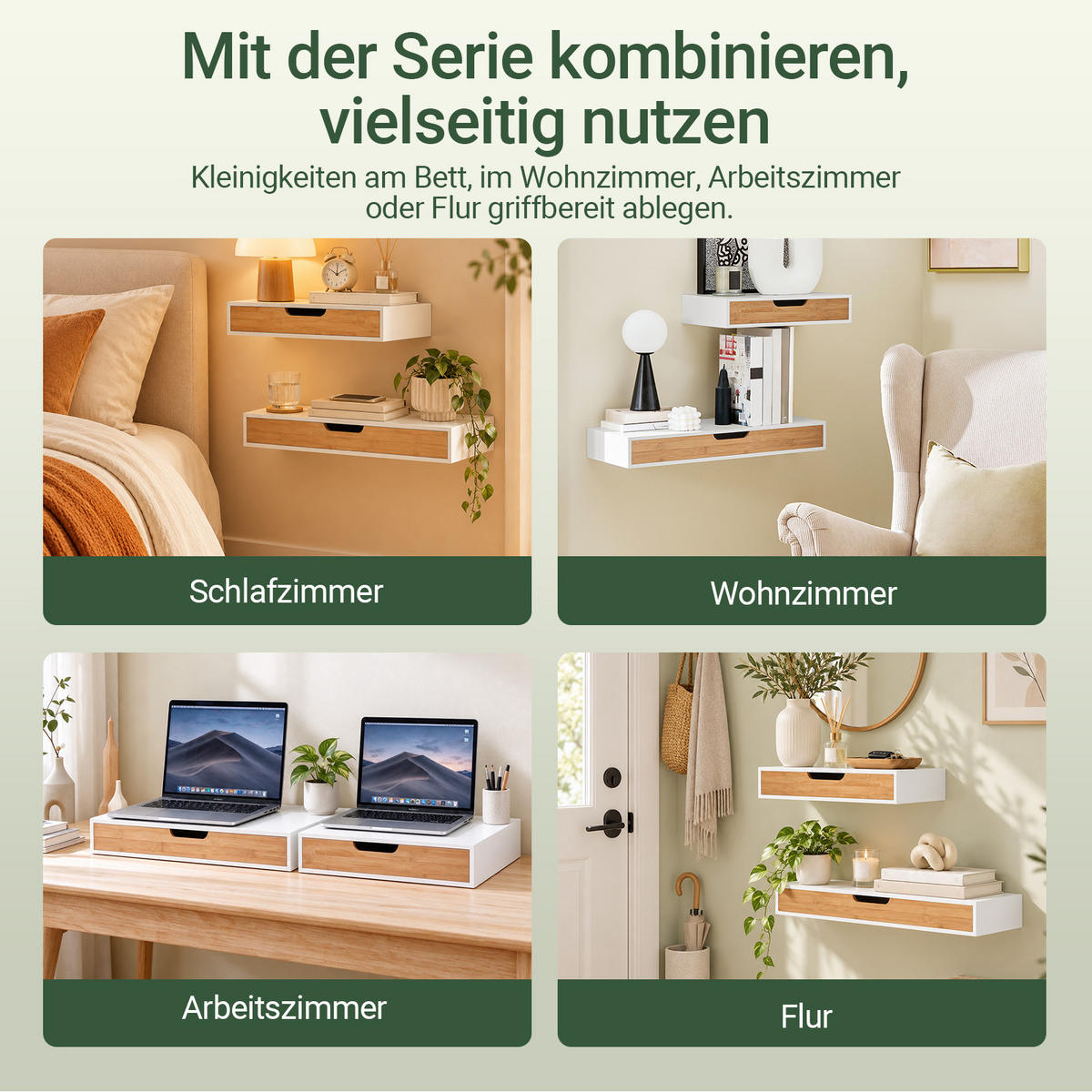 WANDREGAL mit verdeckter Schublade, 60 x 24 x 8 cm, weiß mit Bambusoptik, schwebend, für Schlafzimmer, Flur und Wohnzimmer - Weiß/Naturfarben, Holzwerkstoff (60/8/25cm) - SoBuy