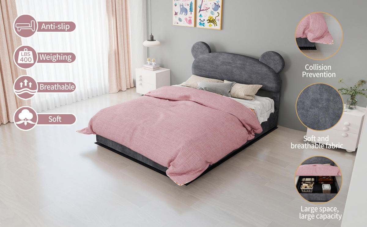 POLSTERBETT 140/200 cm mit Bettkasten, Samtbezug und Matratze, Grau - Grau, Textil (140/200cm) - Redom