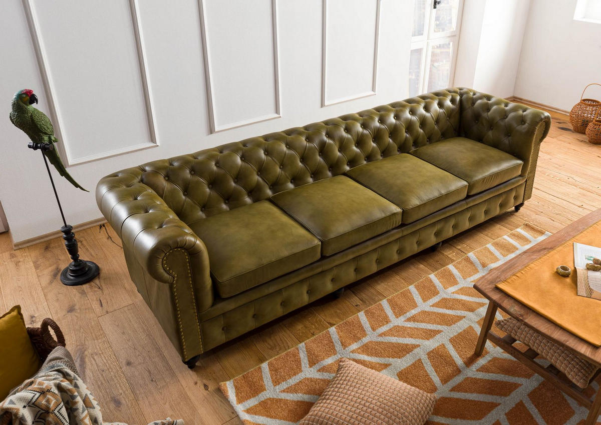 SOFA 4-Sitzer Echtleder 274x82x75 grün CHESTERFIELD #304 - Grün, Leder (274/75/82cm) - Massivmoebel24