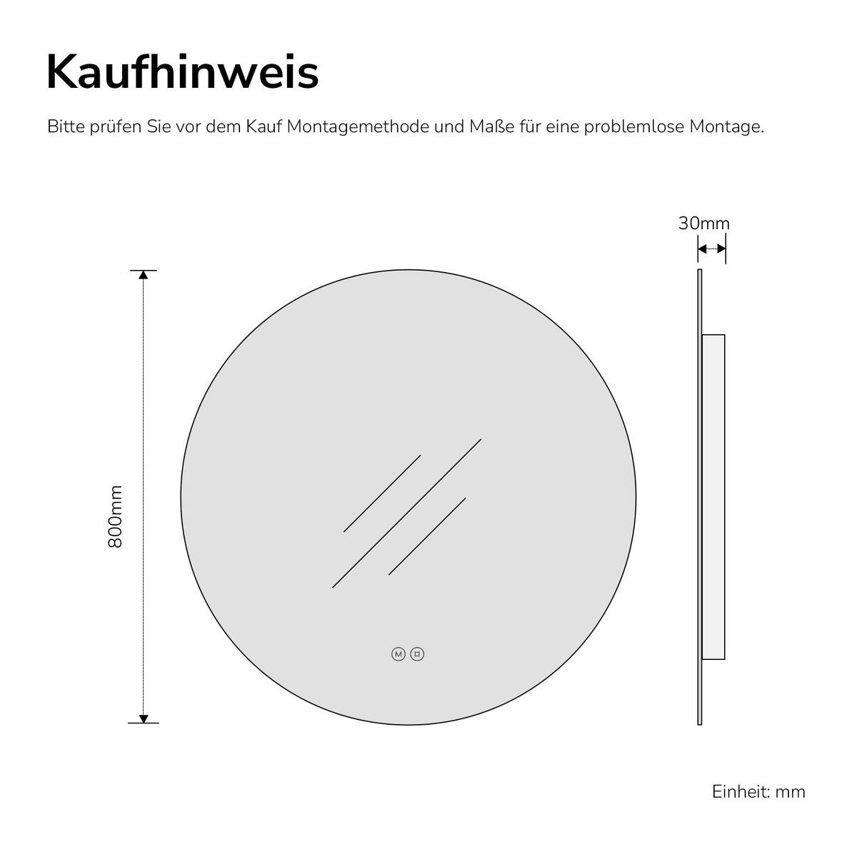 BADSPIEGEL rund mit Beleuchtung rahmenlos Ø80 cm - Weiß, Glas (80/2/80cm) - EMKE