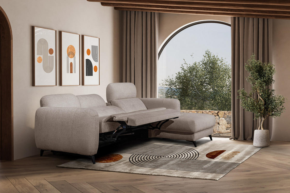 ECKSOFA SVEN 3-Sitzer, 1 Relax XL, verstellbare Kopfstützen, beige - Beige/Schwarz, Holzwerkstoff/Textil (256/163cm) - Courtois Laville