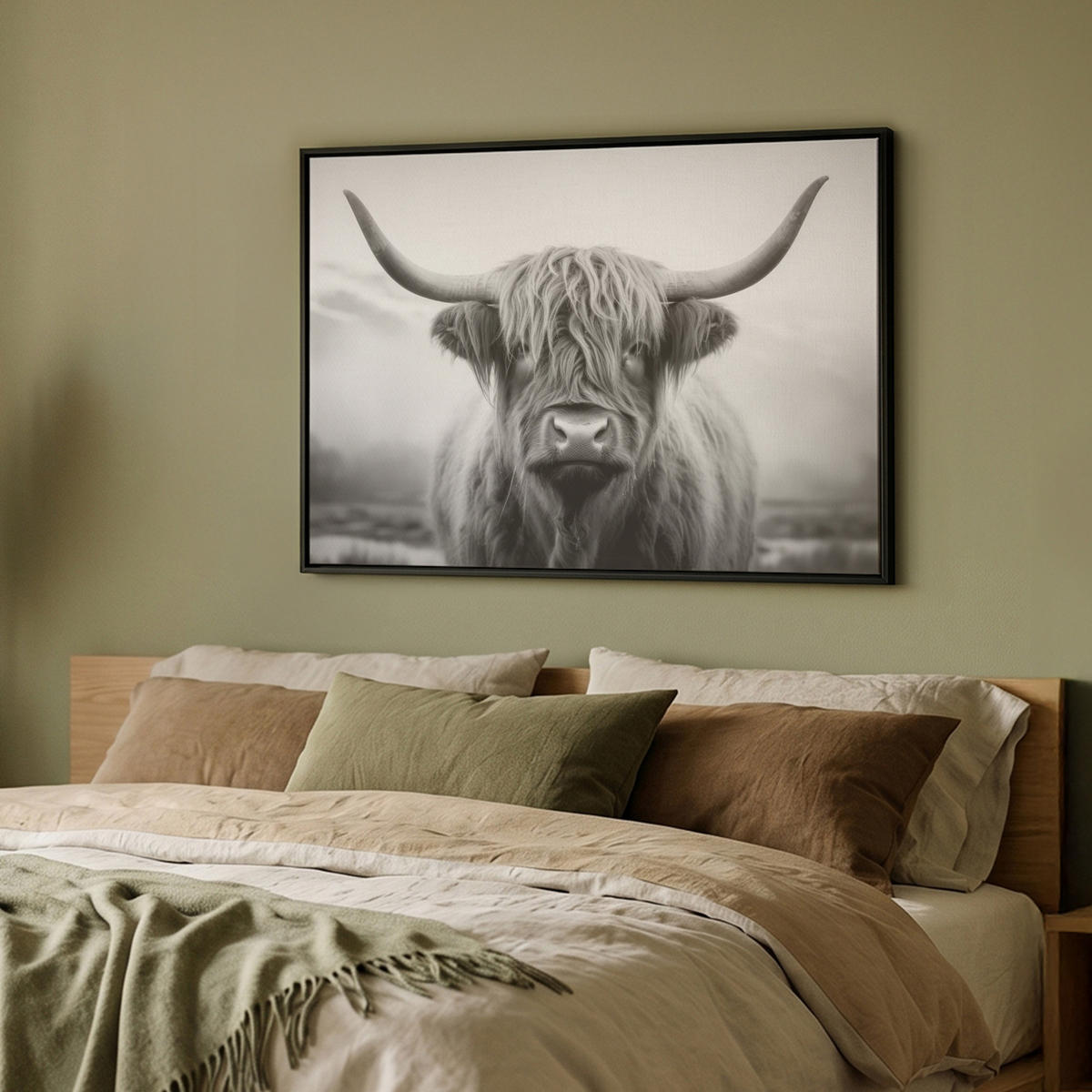LEINWAND Bilder mit Rahmen - Schottischer Highlander - Nebel - Schwarz - Weiß - 100x70 - Grau, Textil (100/70cm) - MuchoWow