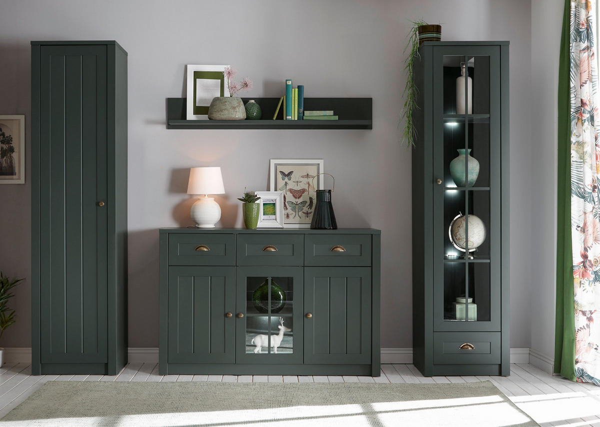 WOHNWAND grün Landhaus, Wohnkombination 4-teilig 270 x 198 cm - Chromfarben/Schwarz, Glas/Holzwerkstoff (270/198/43cm) - Furn.Design