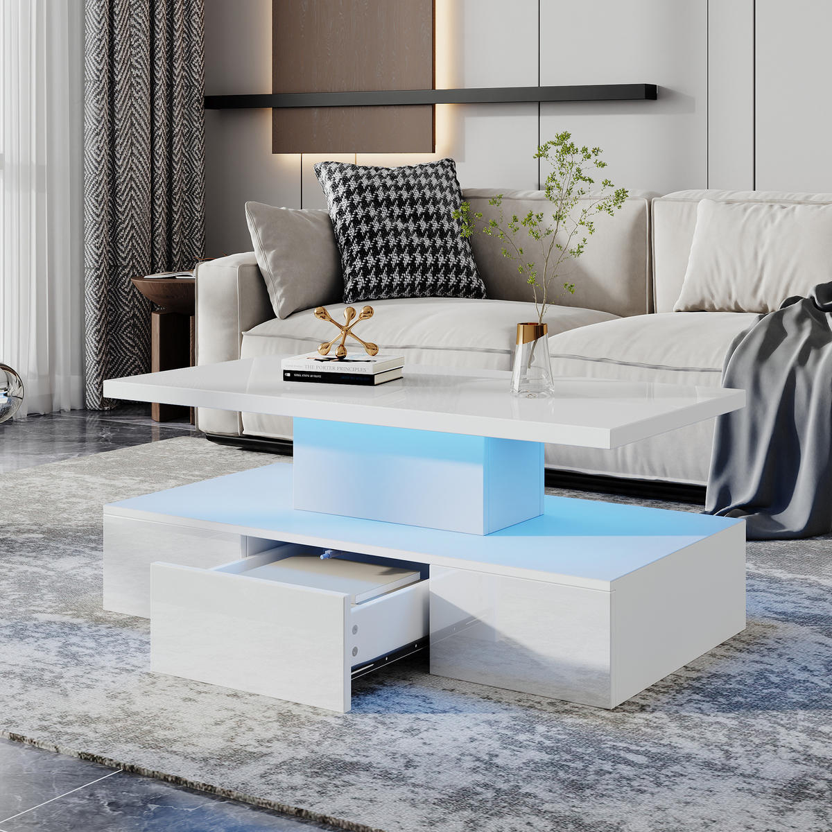 COUCHTISCH 100/50/39 cm in Weiß mit LED-Beleuchtung, Hochglanz und Schublade - Weiß, Holzwerkstoff (100/50/39cm) - Flora Grace