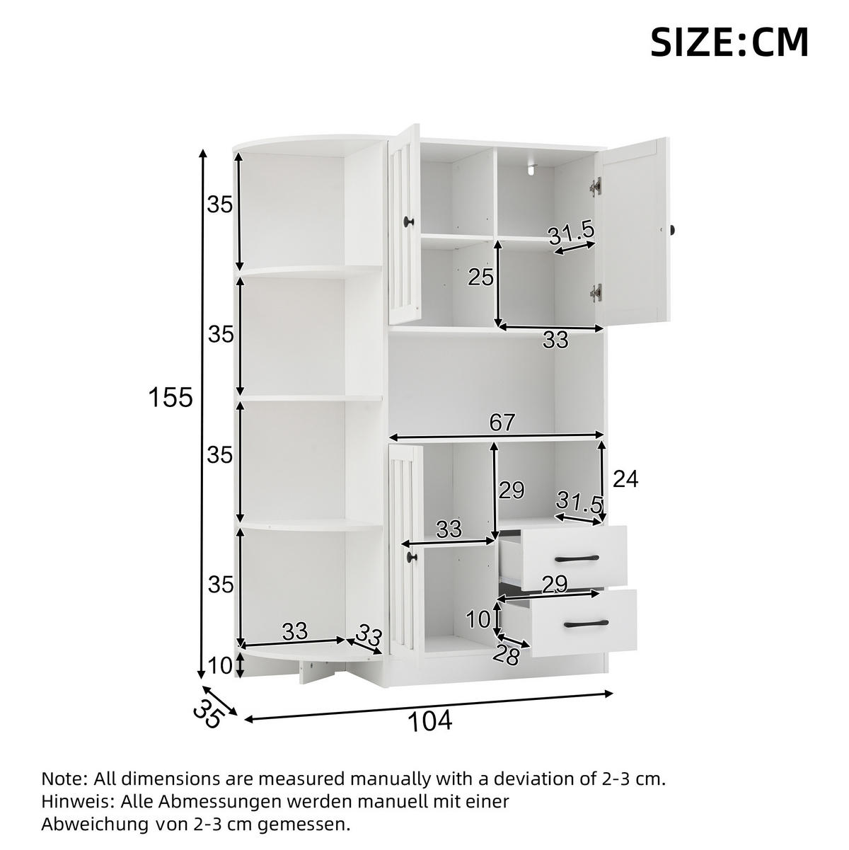 ECKSCHRANK 104/35/155 cm mit 3 Türen und 2 Schubladen – Weiss - Weiß, Holzwerkstoff (104/155/35cm) - BEAOK