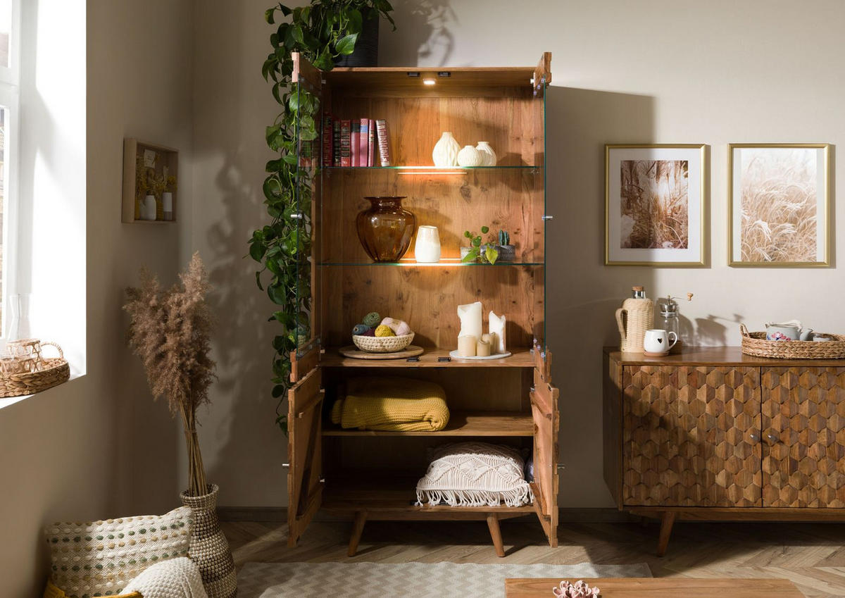 VITRINE Akazie 90x42x190 Akazie natur lackiert MOSAYK #114 - Braun, Holz (90/190/42cm) - Massivmoebel24