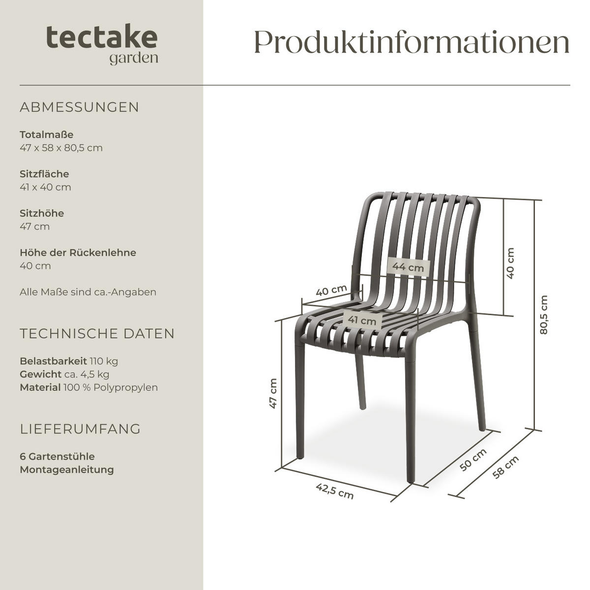 GARTENSTÜHLE Alcudia,47 x 58 x 80,5 cm, Belastbarkeit 110 kg,anthrazit - Anthrazit, Textil (47/80.5/58cm) - tectake