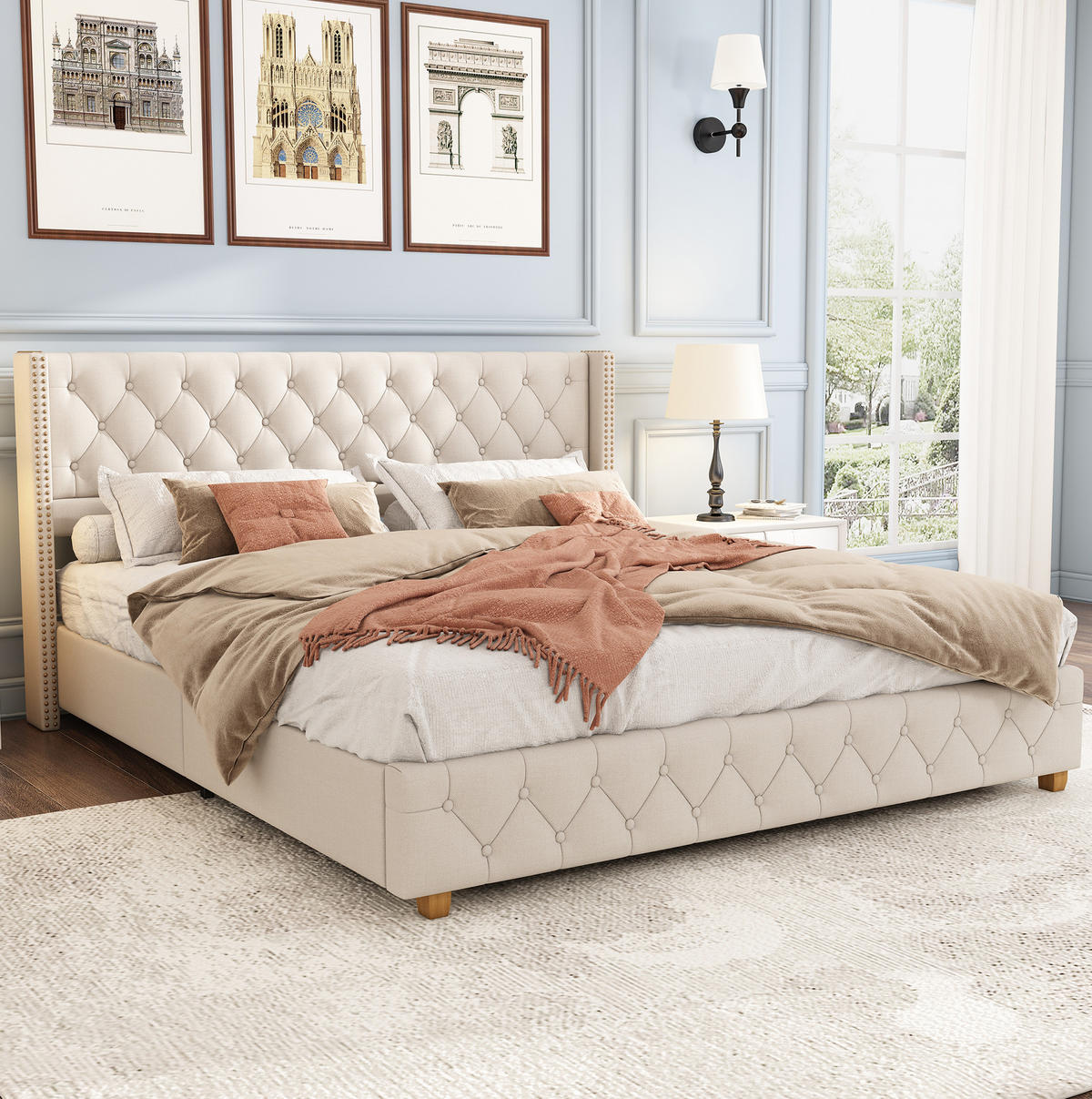 POLSTERBETT 180/200 cm Beige mit Lattenrost und Nietenverzierungen - Weiß, Textil (180/200cm) - OKWISH