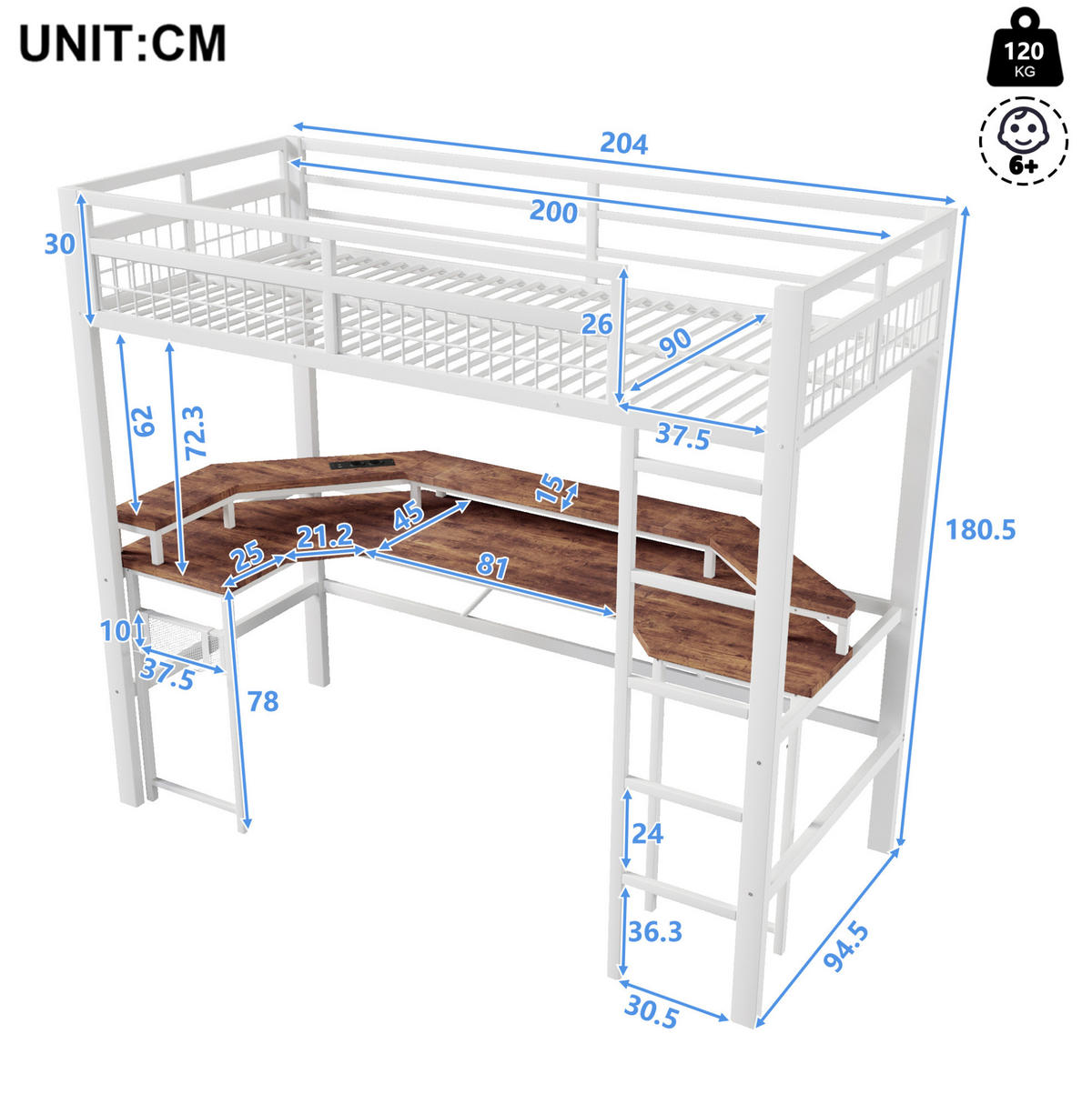 HOCHBETT 90/200 cm aus Metall/MDF mit Schreibtisch und LED-Lichtleiste Weiß - Weiß, Metall (90/200cm) - Modenvie