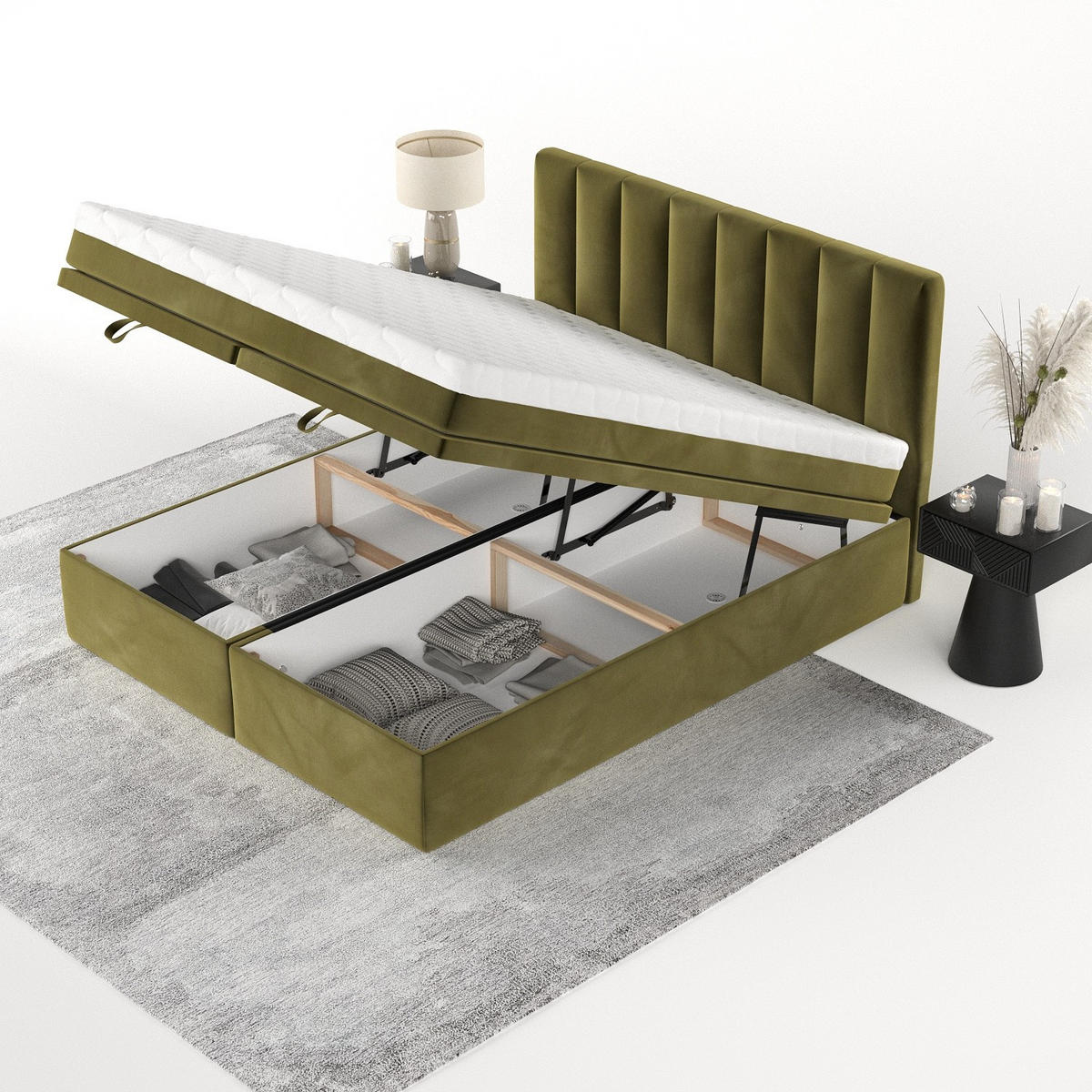 BOXBETT Lume 200/200 cm Olivgrün im Kronos Stoff - Schwarz/Olivgrün, Holz/Holzwerkstoff (200/200cm) - AltaBeds