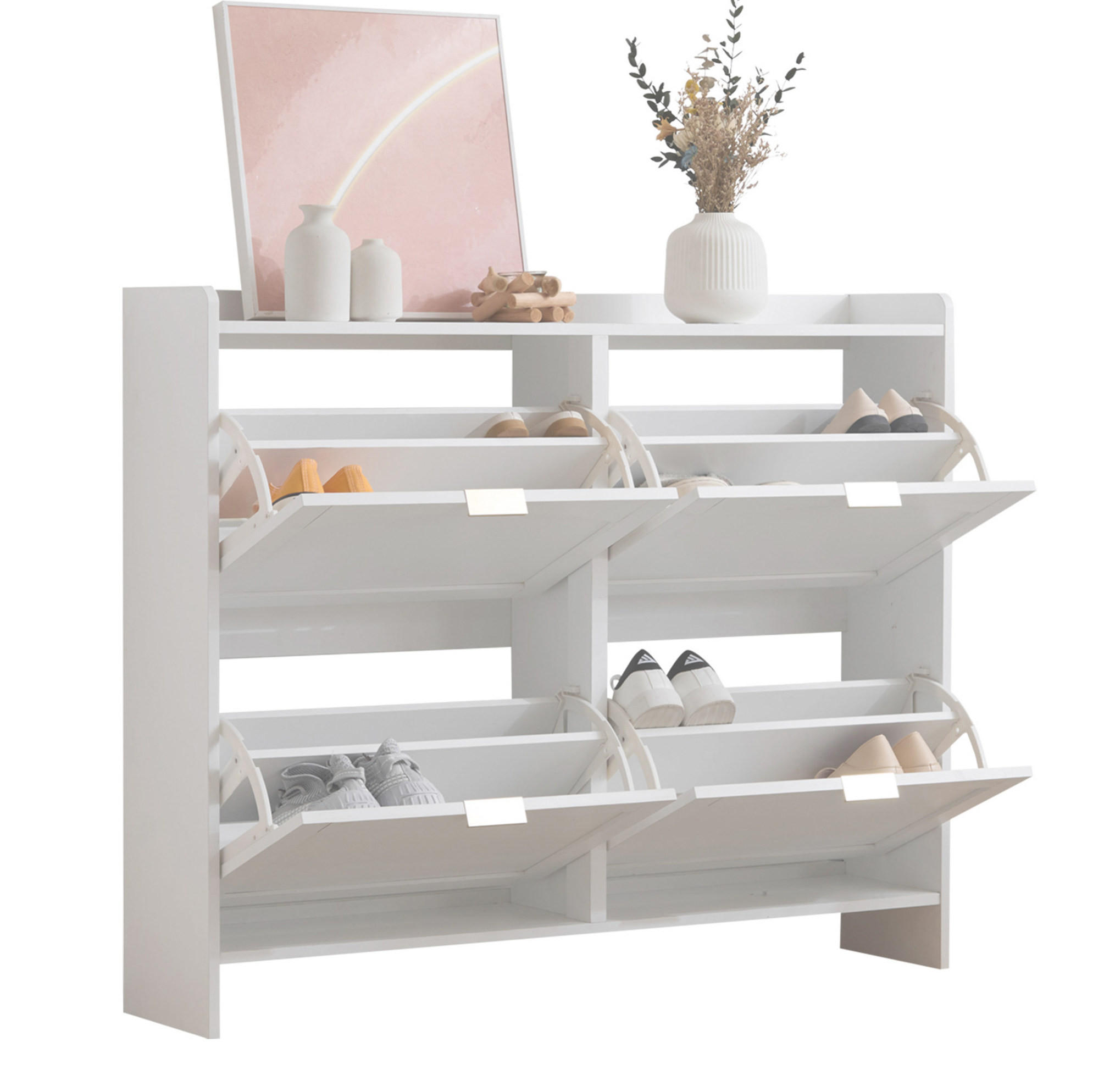 SCHUHSCHRANK 110/24/90 cm weiß aus Spanplatte mit 4 Klappenfächern - Weiß, Holzwerkstoff (110/90/24cm) - OKWISH