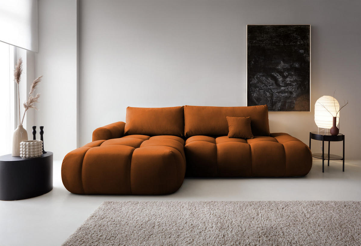 ECKSOFA Ombo Kupferbraun Velours 280 cm - Schwarz/Kupferfarben, Kunststoff/Textil (284/167cm) - Selsey