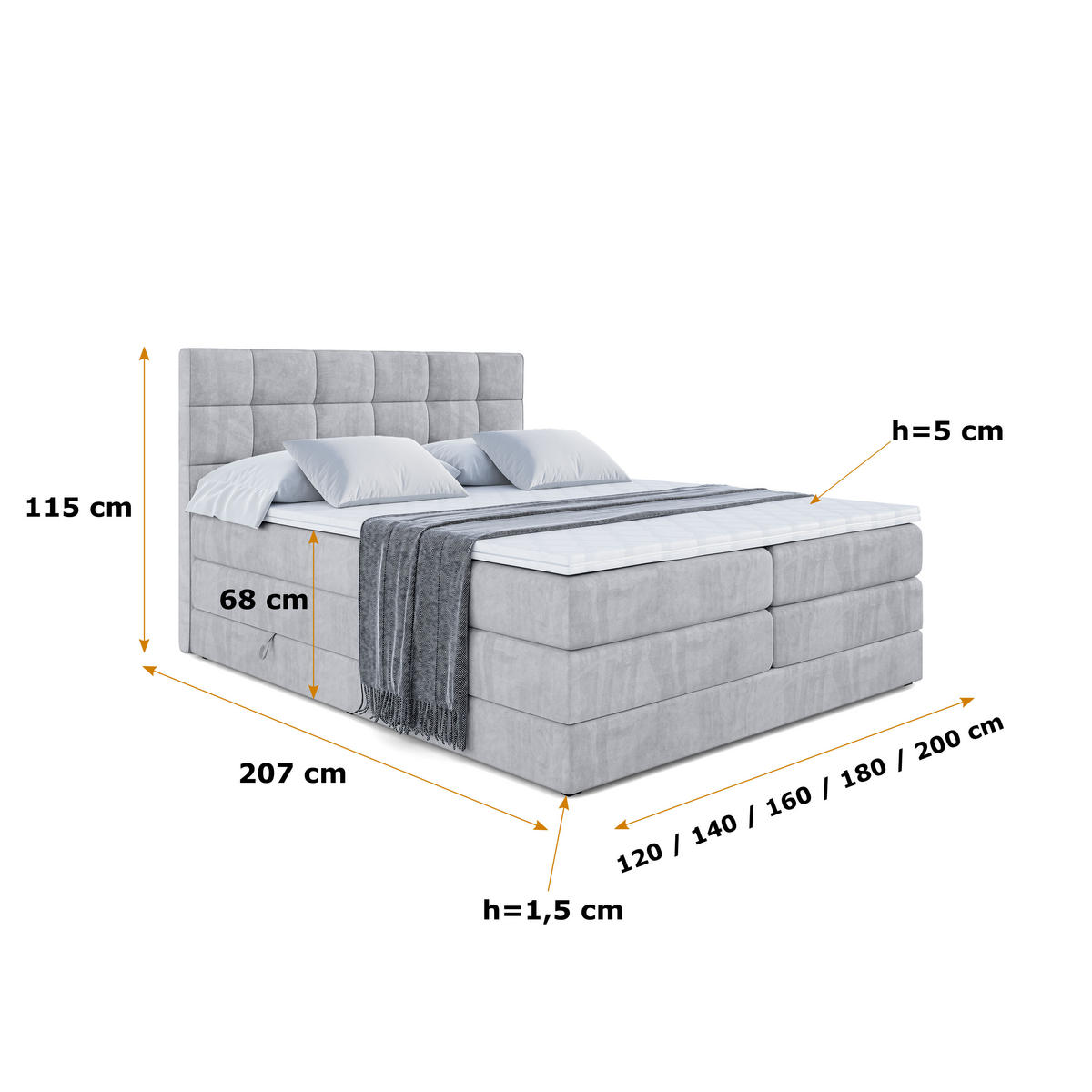 BOXSPRINGBETT APO KING - 120 x 200 - H3/H4 - Hellgrau - Hellgrau, Holzwerkstoff (120/200cm) - ALTDECOR
