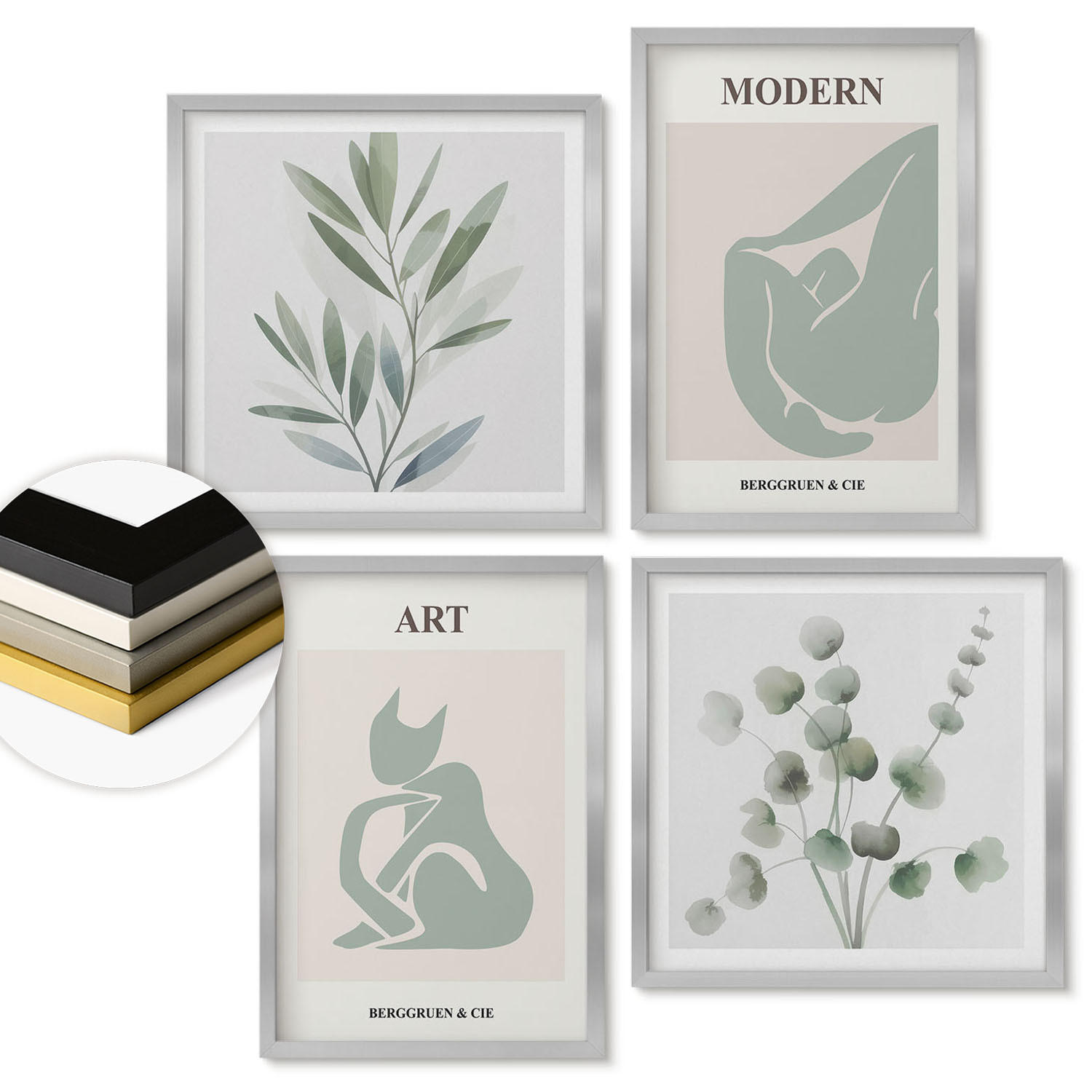 WANDBILDER 4er Set - 50x50 cm & 40x60 cm Silberner Rahmen - Pflanzenmotive, zartes Grün - Silberfarben, Kunststoff (50/50cm) - ArtPrintCave