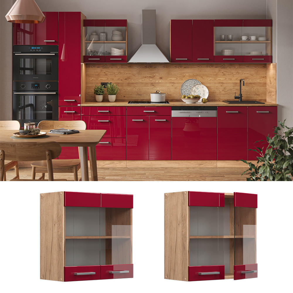 KÜCHENGLASSCHRANK R-Line Rot Hochglanz 60 cm - Honigeiche/Bordeaux, Holzwerkstoff (60/60/31cm) - Vicco