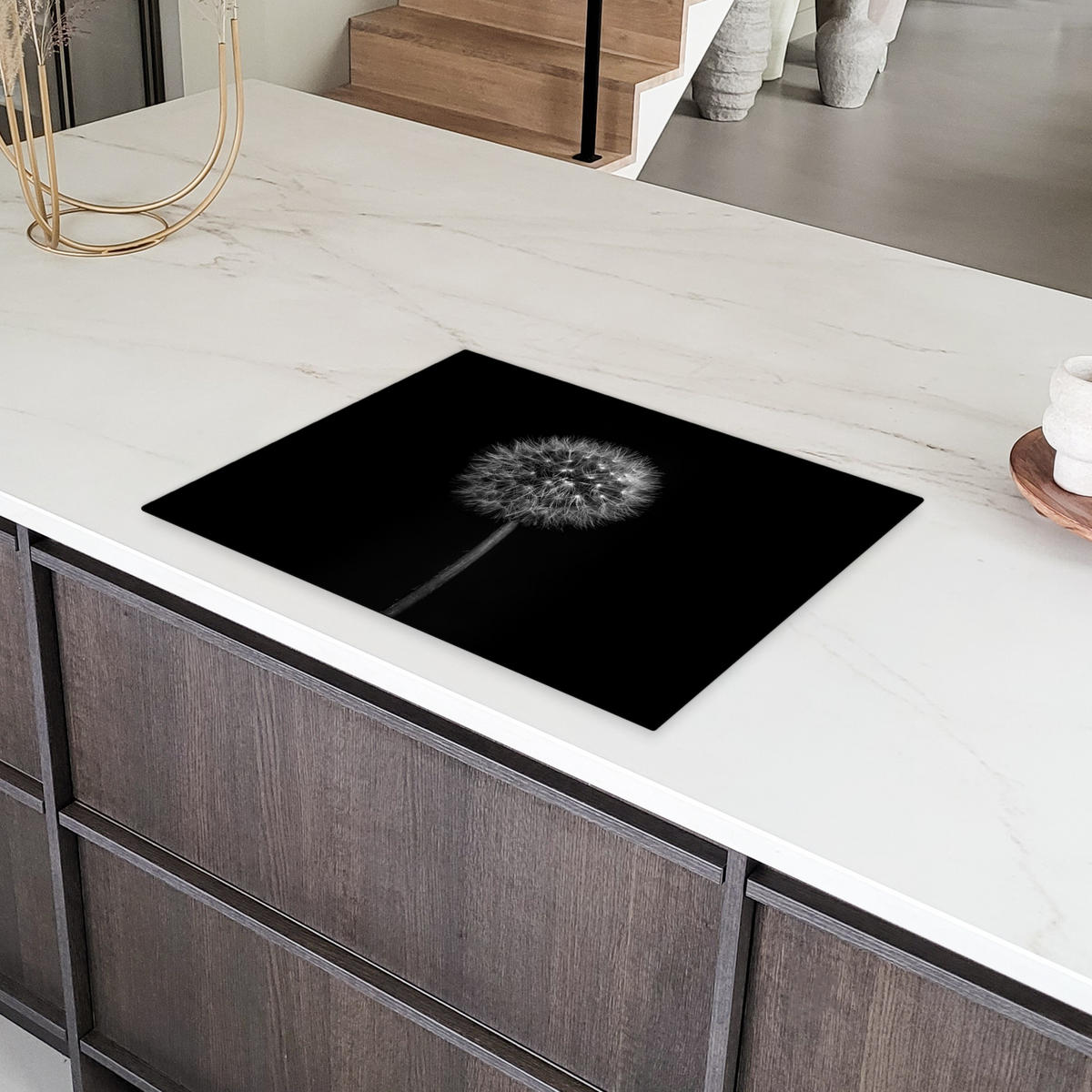 HERDABDECKPLATTE Löwenzahn - Schwarz - Floral - Botanisch Herdabdeckung Induktionsfeld 70x52 cm - Grau, Kunststoff (70/52/0.2cm) - MuchoWow