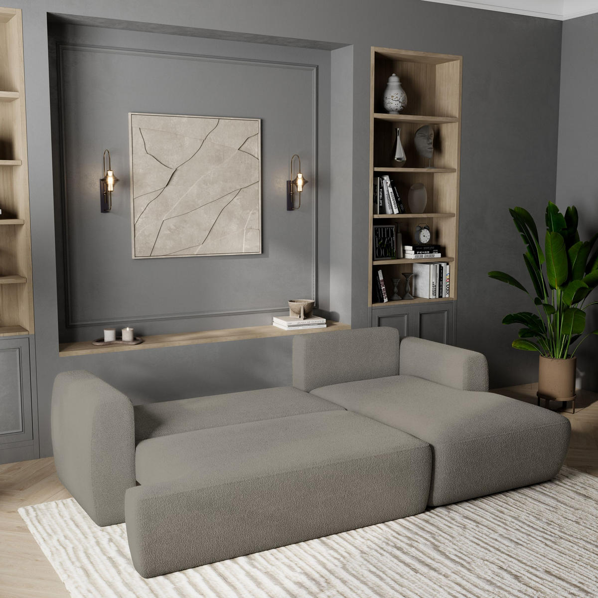 ECKSOFA SENTI N R-S Hellgrau Boucle-Stoff mit Schlaffunktion - Hellgrau, Holz (246/148cm) - MASSENO