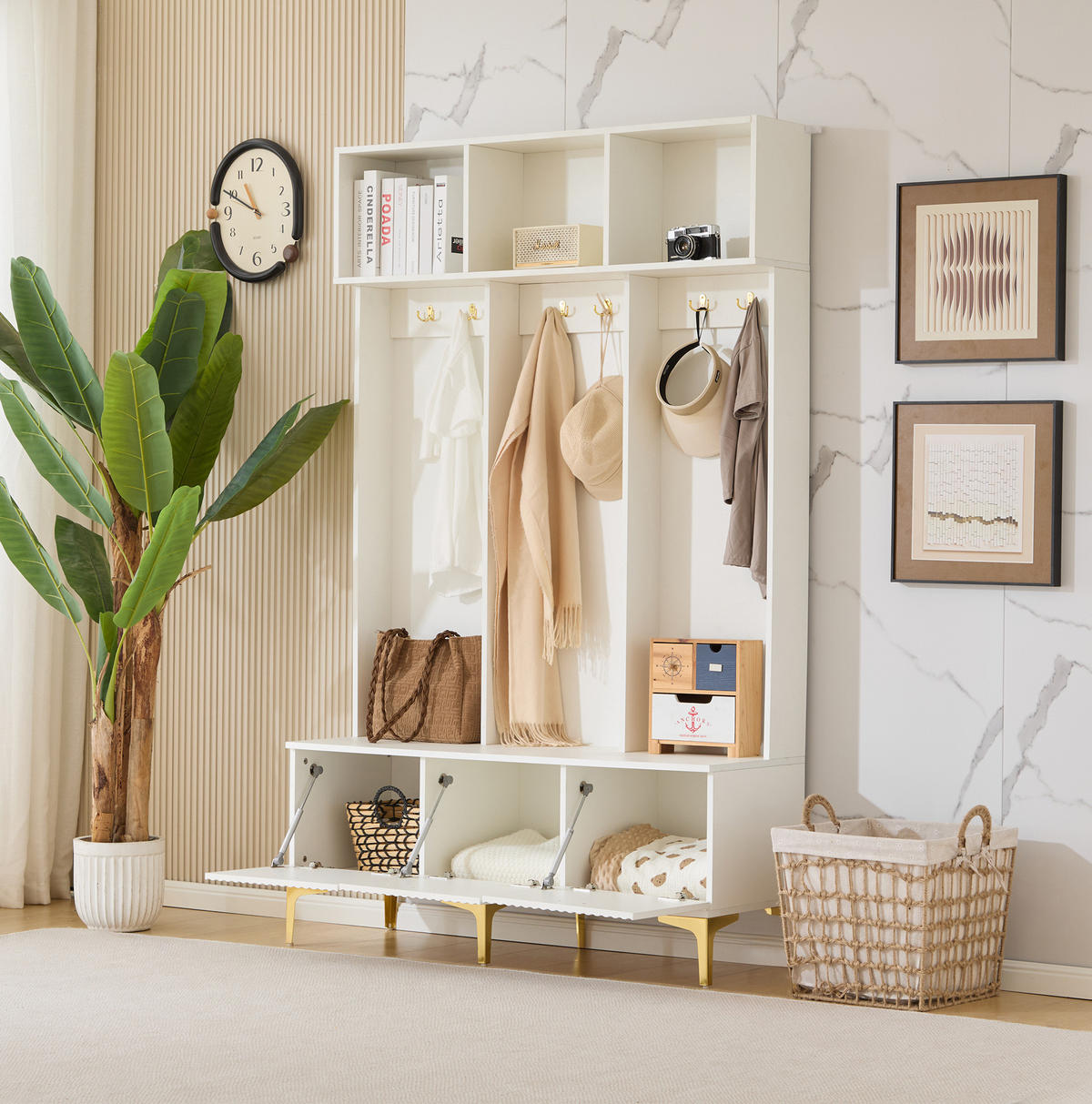 GARDEROBE 120/191,5/23,5 cm Weiß aus Spanplatte mit Sitzbank - Weiß, Holzwerkstoff (40/191/120cm) - OKMYHOME