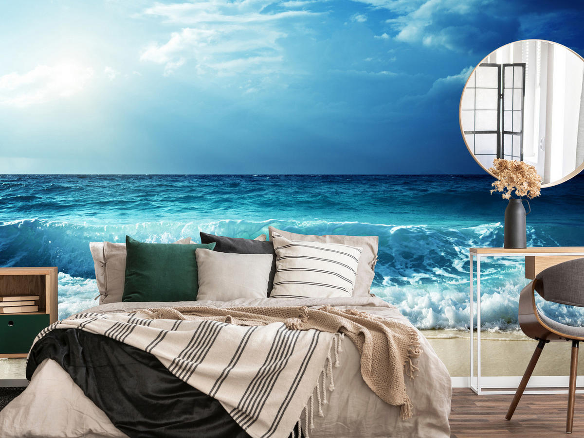 FOTOTAPETE Meer Wellen Strand Landschaft 3D 500x350 - Blau/Beige, Papier (500/350cm) - Muralo