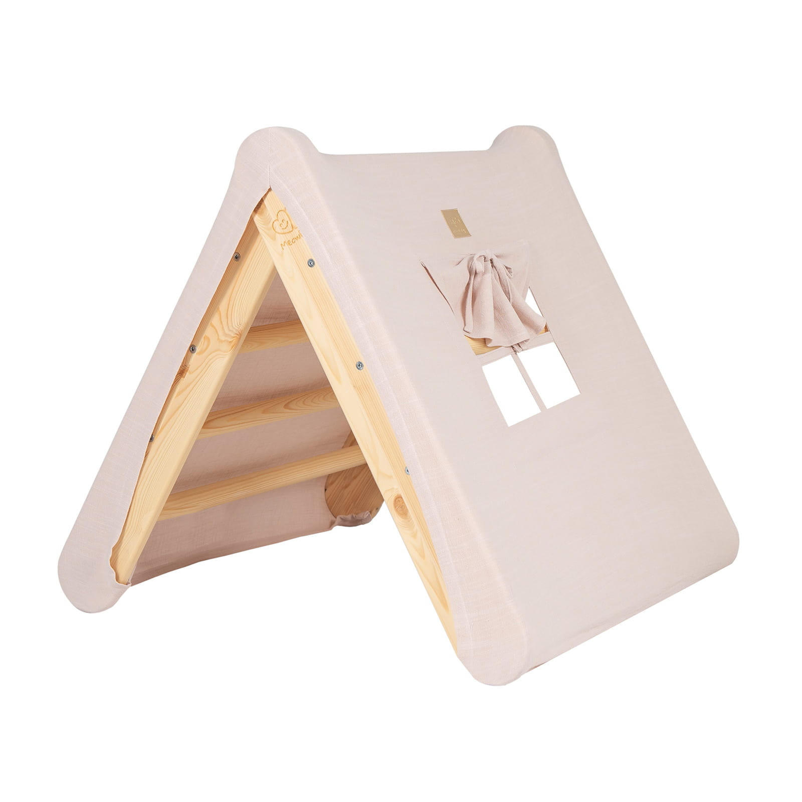 KLETTERDREIECK Haus für Kinder mit Rosa Dach, Zarter Stoff, Montessori, Natur - Rosa/Naturfarben, Holz (59.5/59/60cm) - MeowBaby
