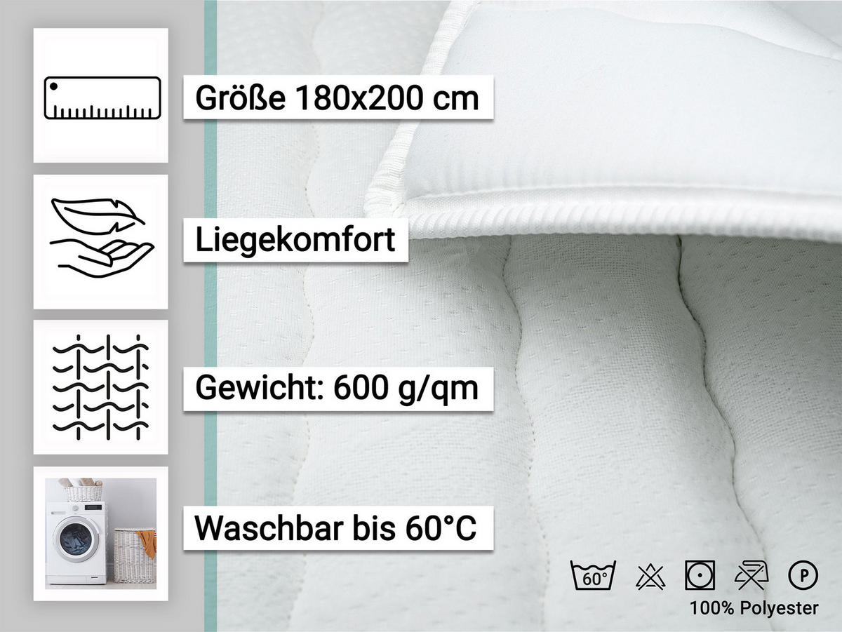MATRATZENAUFLAGE, 180x200 cm, 100% Polyester, Weiß - Weiß, Textil (180/200cm) - Zollner