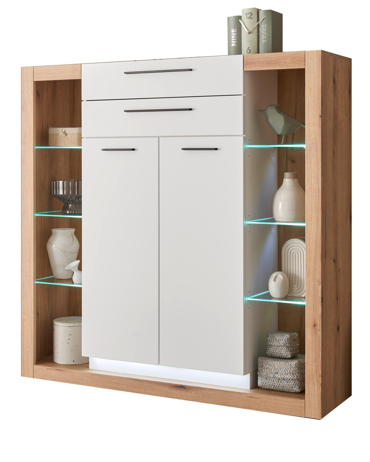 Furn.Design Highboard Weiß, Eiche 141x139x37 cm