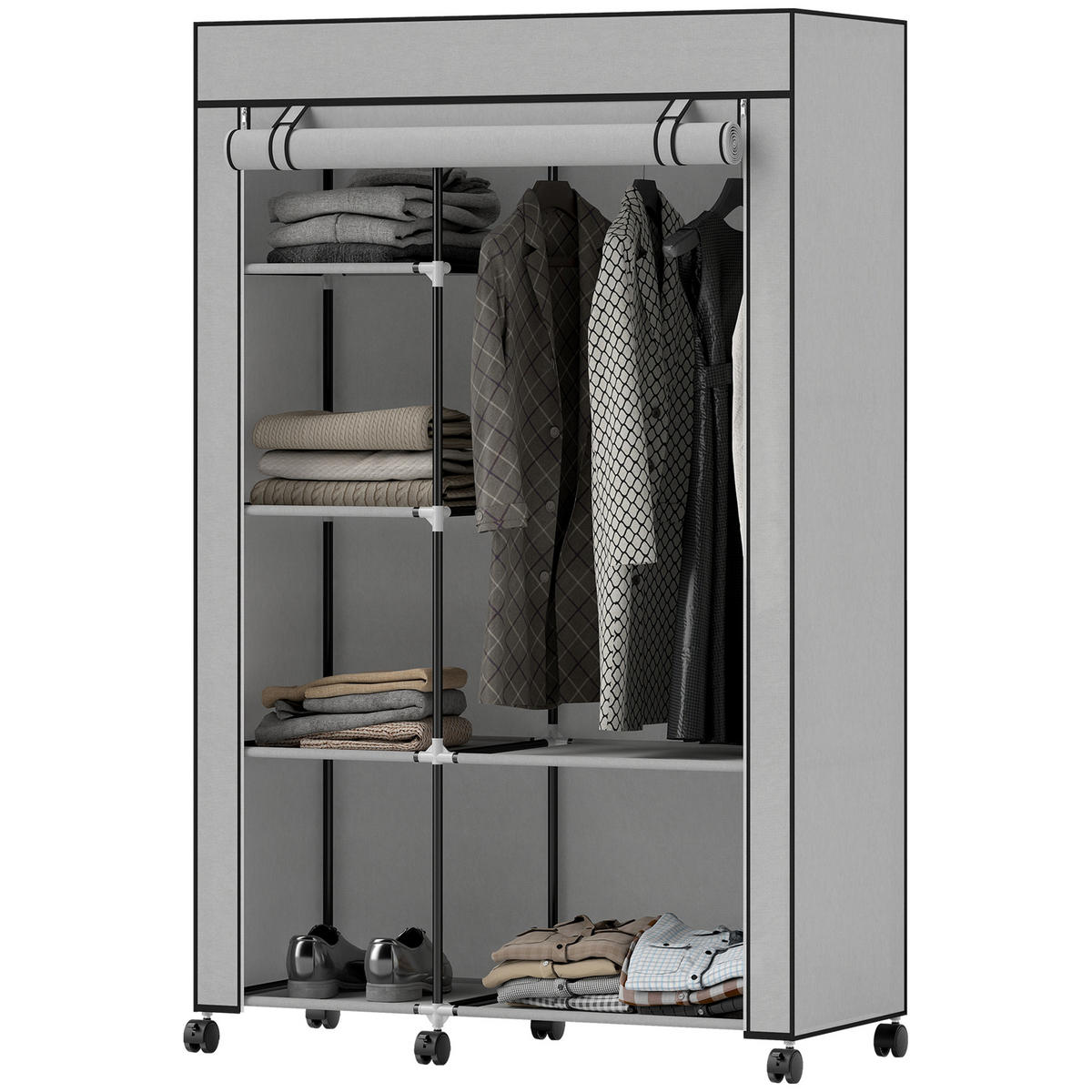 STOFFSCHRANK mit 6 Regalen und 1 Kleiderstange, platzsparende Aufbewahrungslösung in Hellgrau - Hellgrau, Metall (103/162.5/43cm)