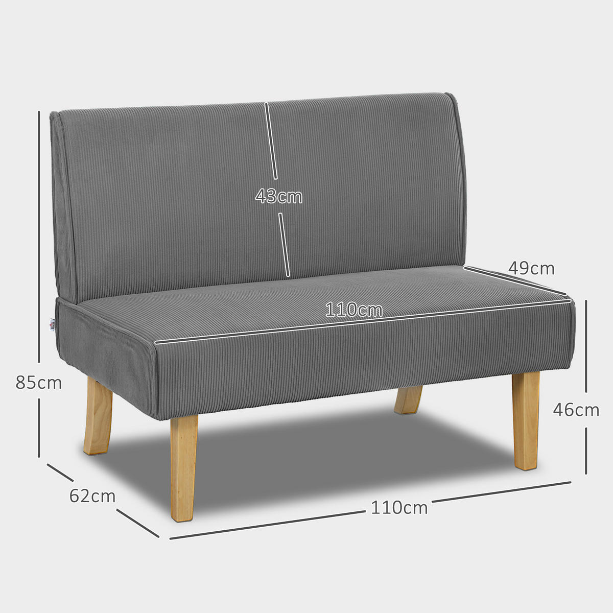 SOFA 2 Sitzer, mit Cord-Optik, 110 x 62 x 85 cm, Grau - Grau, Textil (110/85/62cm) - HOMCOM