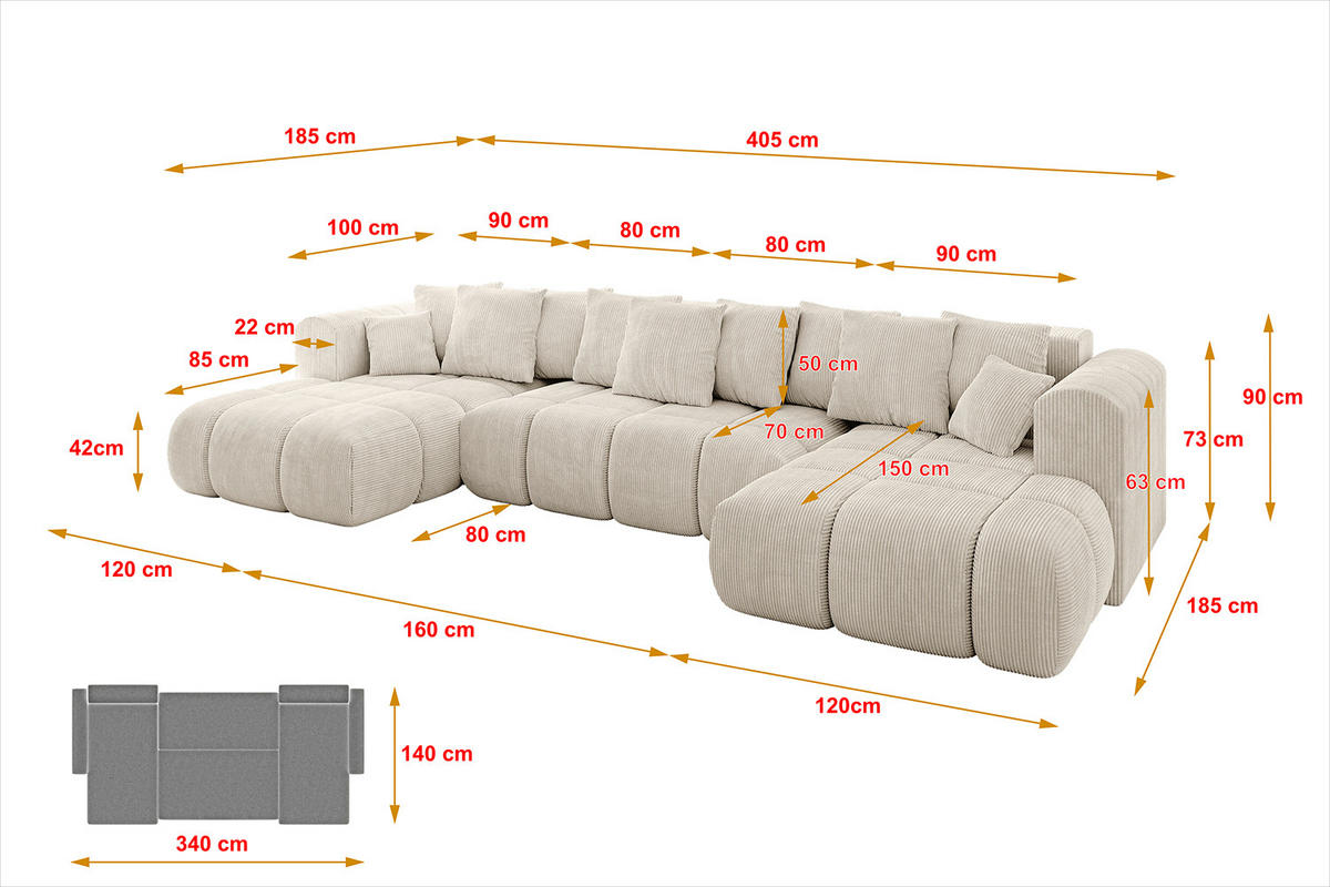 WOHNLANDSCHAFT CLOUD-U-v1 405x185x90 Beige Cord - Beige, Holzwerkstoff/Kunststoff (405/90/185cm) - ALTDECOR