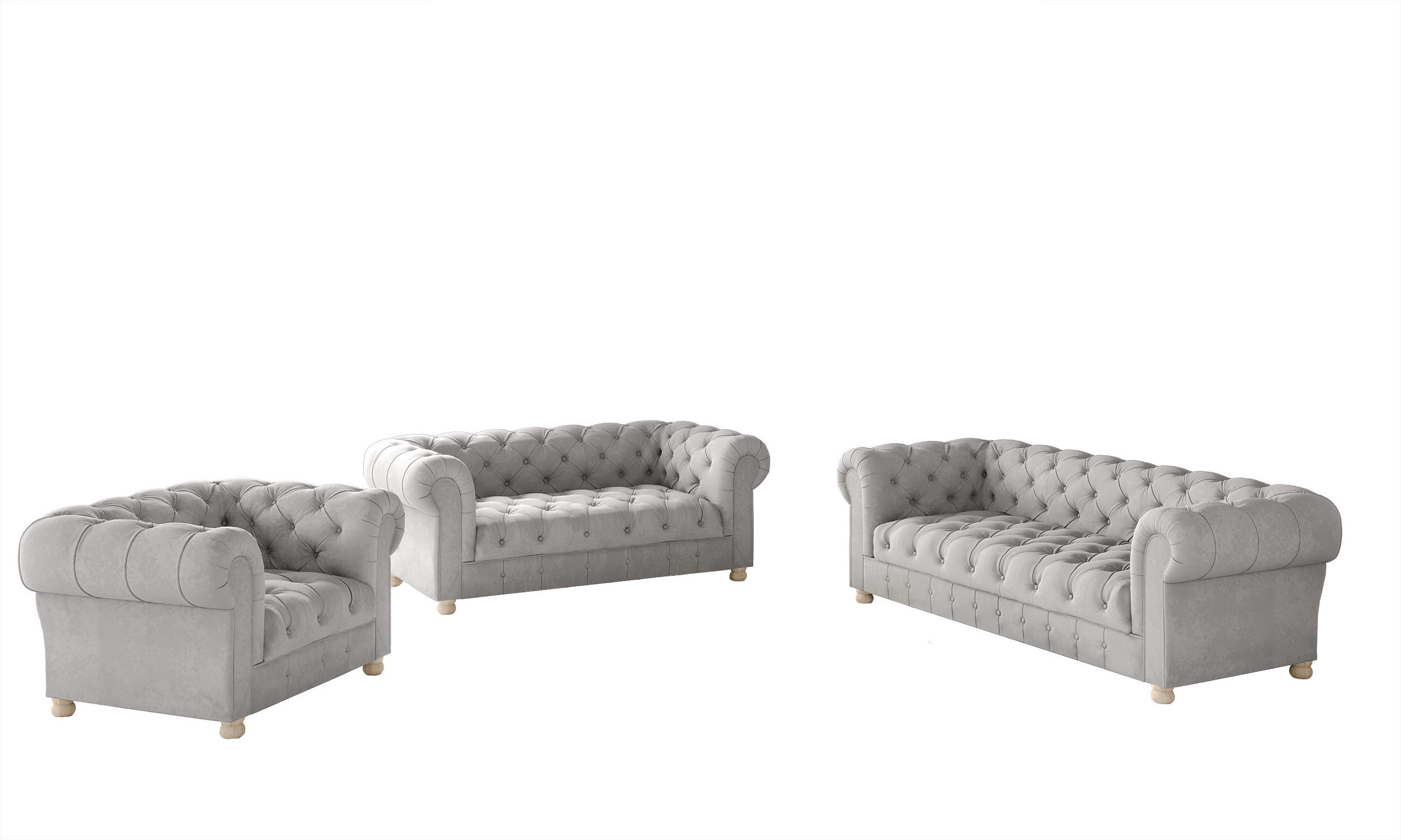 SITZGARNITUR 3+2+1 CHESTERFIELD Elegant Klassisch Schick Stoff Whisper Velours Stoff Silber - Silberfarben, Holz/Textil (202/77/90cm) - Kaiser Möbel