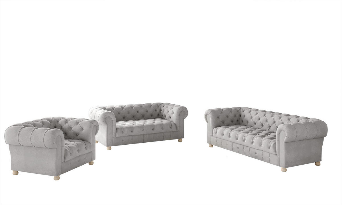 SITZGARNITUR 3+2+1 CHESTERFIELD Elegant Klassisch Schick Stoff Whisper Velours Stoff Silber - Silberfarben, Holz/Textil (202/77/90cm) - Kaiser Möbel