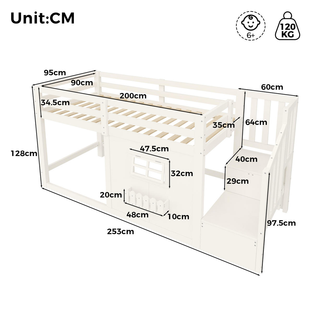 HOCHBETT 90/200 cm mit LED und Stauraumtreppe, DE-42010, in Weiß - Weiß, Holzwerkstoff (90/200cm) - ComfortXL
