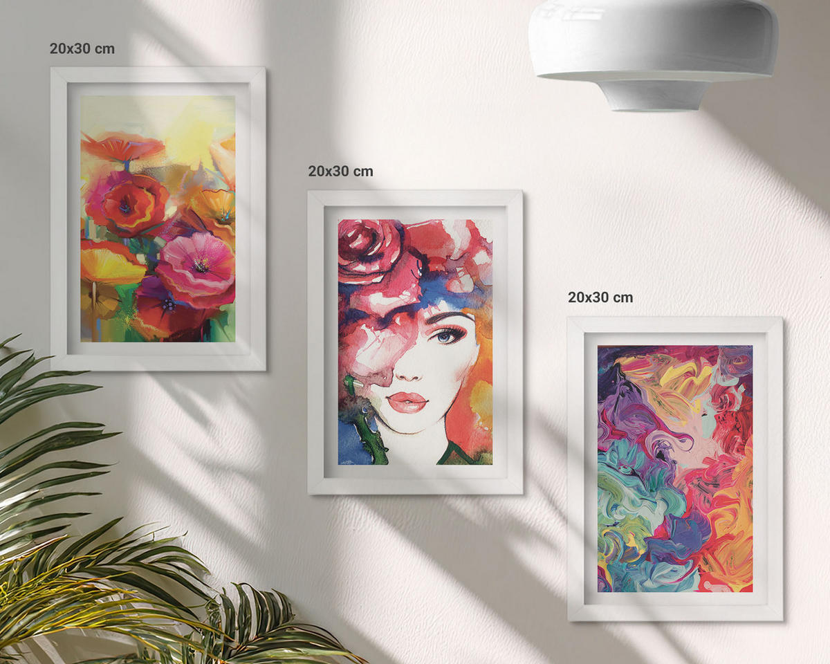 WANDBILDER 3er-Set - 20x30 cm Weißer Rahmen - Intensives Blumenporträt einer Frau - Weiß, Kunststoff (20/30cm) - ArtPrintCave