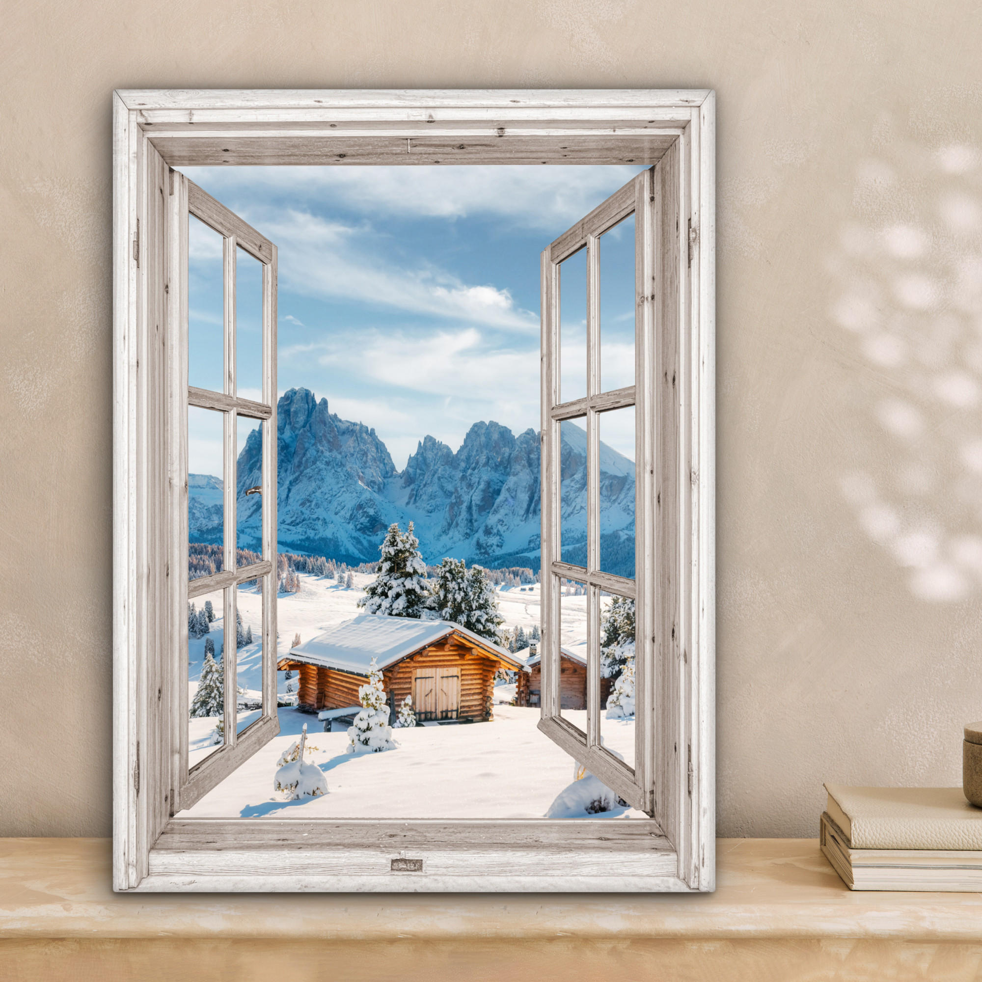 LEINWANDBILD Winterlandschaft - Hütte - Berge - Ausblicke - Aussicht - Natur 30x40 cm - Weiß Hochglanz, Textil (30/40cm) - MuchoWow