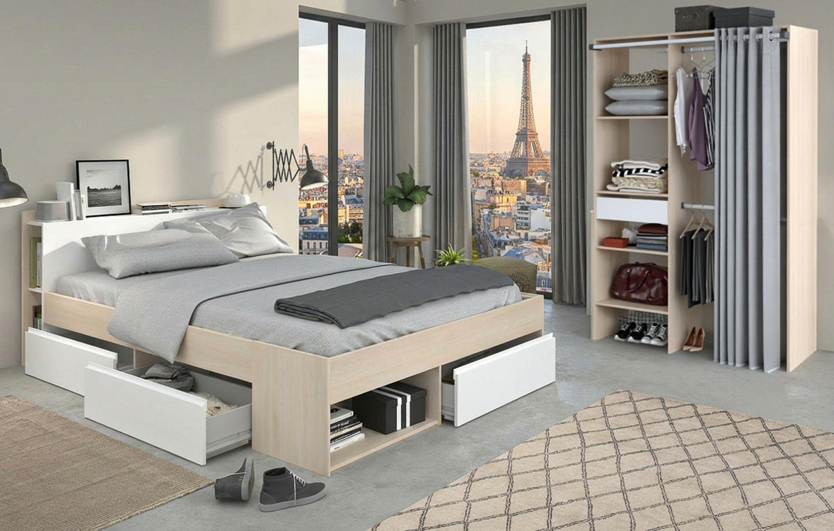 JUGEND-SCHLAFZIMMER Akazie, weiß, Komplettset mit Stauraumbett (160 x 200 cm) und Kleiderschrank - Weiß/Akaziefarben, Holzwerkstoff (170/182/220cm) - Parisot Meuble