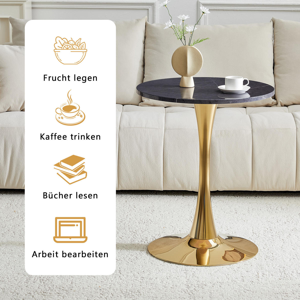 BEISTELLTISCH 60/60/72 cm Schwarz Gold aus MDF Metall runder Tisch in Marmoroptik - Schwarz, Holzwerkstoff (60/60/72cm) - OKWISH