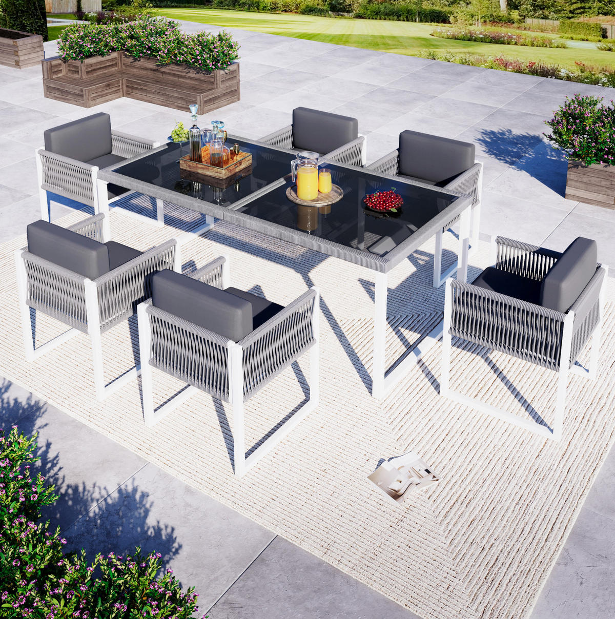GARTEN-ESSGRUPPE 170/80/75 cm mit 6 Sesseln, gehärteter Glasplatte und waschbaren Bezügen, Grau/Weiß - Grau, Metall - Redom