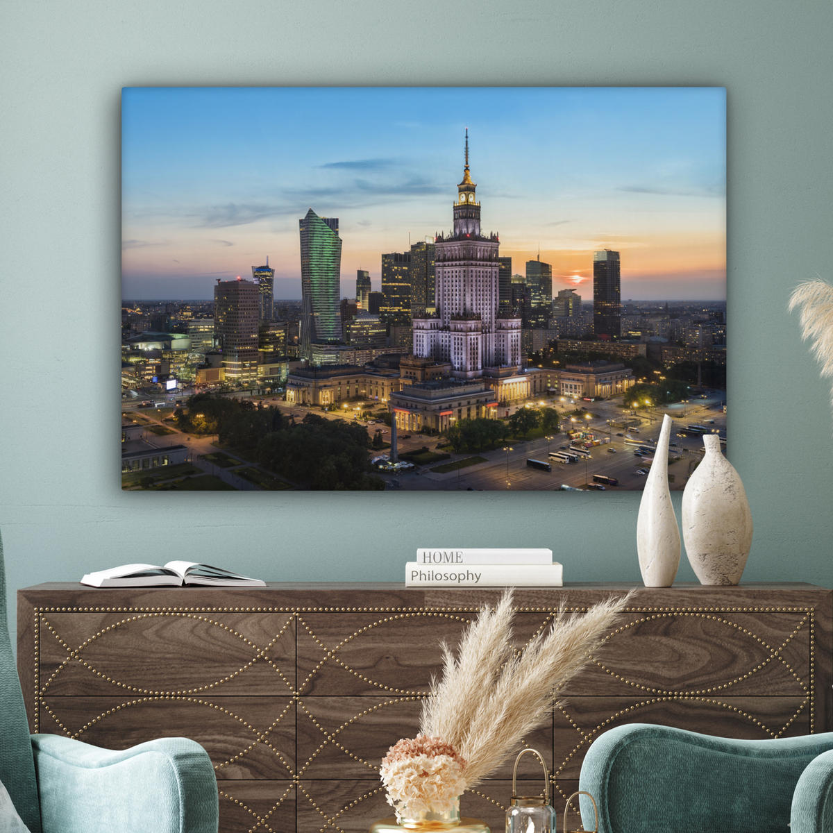 LEINWANDBILD Polen - Sonne - Warschau Wohnzimmer Groß 120x80 cm - Blau, Textil (120/80cm) - MuchoWow