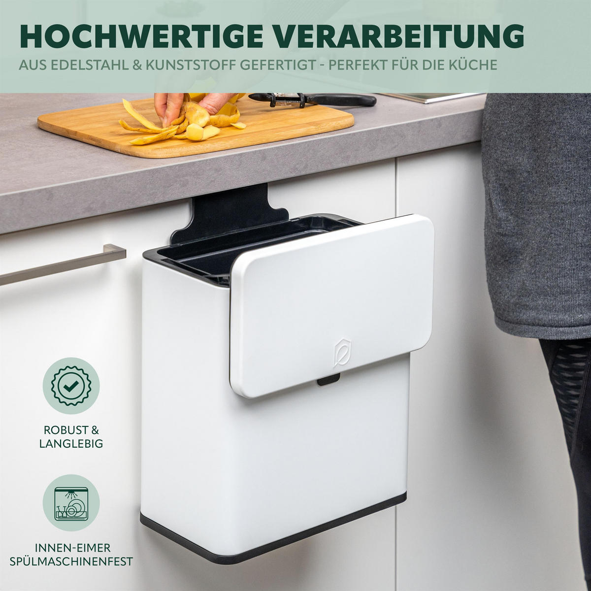 BIOMÜLLEIMER 6L, weiß - Weiß, Metall (26/29.5/14cm) - eluno